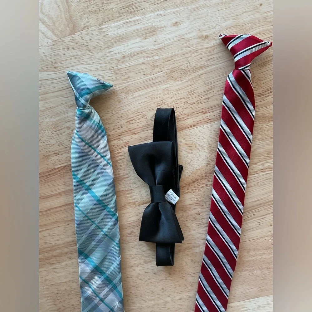 Lot x3 Clip-On Neckties Bow Ties Youth boys Black Blue Green Plaid Red Striped